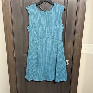 Title Nine Teal White Geometric Stripe Crisscross Back Fit Flare Dress Women M